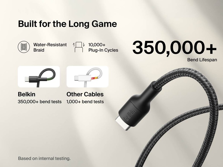 Belkin Gaming USB-C to USB-C Cable 60W features a water-resistant braided design with over 350,000 bend lifespan and 10,000+ plug-in cycles, built for long-lasting performance with Nintendo Switch 2.