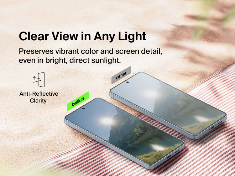 Belkin ScreenForce Titan SmartShield Anti-Reflective Screen Protector for Samsung Galaxy S26 demonstrating glare-reducing clarity that preserves screen detail and visibility in bright, direct sunlight compared to standard screen protectors.