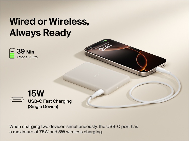 Belkin BoostCharge Slim Magnetic Power Bank 5K shown charging a smartphone via USB-C, highlighting 15W fast charging and dual wired or magnetic wireless power capability.