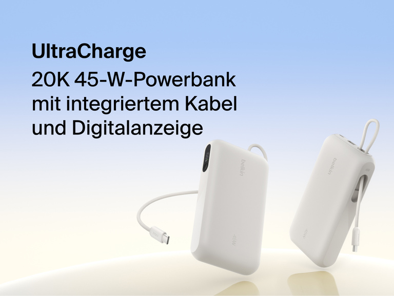 Belkin UltraCharge 20K 45W power bank with integrated USB-C cable and digital display showing portable high-capacity fast charging solution
