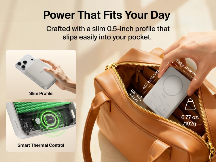 Belkin BoostCharge Slim Magnetic Power Bank 10K shown slipping easily into a bag with slim 0.5-inch profile, highlighting portable design and smart thermal control features