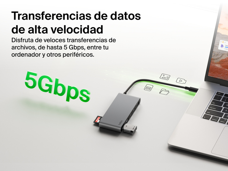 Belkin Connect 7-Port USB-C Hub with Dual USB-C Ports enabling high-speed data transfer up to 5Gbps between laptop and devices.