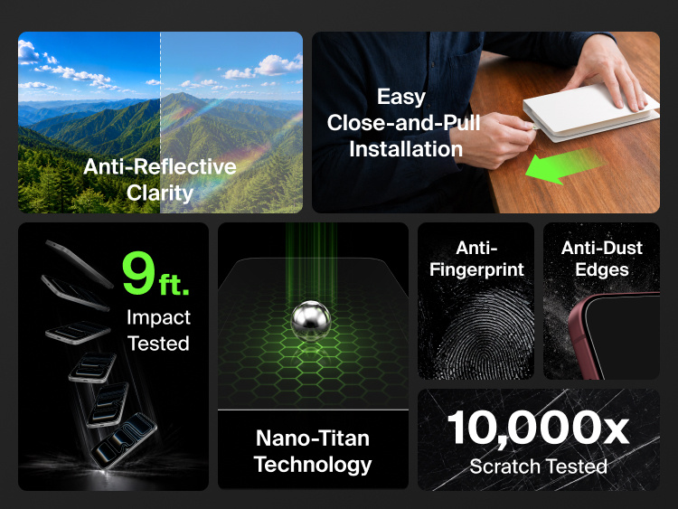 Belkin Titan SmartShield Pro Anti-Reflective Screen Protector for iPhone 18 featuring anti-reflective clarity, 9-foot impact protection, Nano-Titan technology, scratch resistance, anti-fingerprint coating, anti-dust edges, and easy installation.