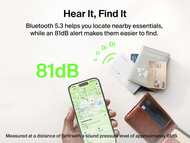 Belkin SureFind Card uses Bluetooth 5.3 and an 81dB audible alert to help locate nearby essentials such as a wallet or passport.