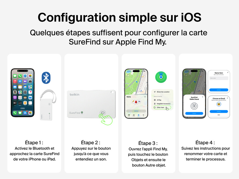 Image du guide en quatre &eacute;tapes de configuration de la carte Belkin&nbsp;SureFind avec Apple&nbsp;Find&nbsp;My via Bluetooth sur un iPhone ou iPad.