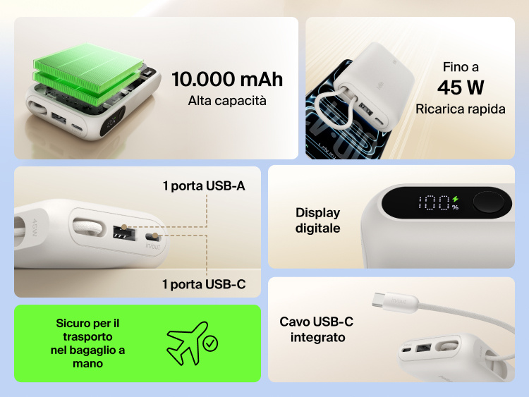 Belkin UltraCharge 10K power bank with 45W fast charging, integrated USB-C cable, digital display, USB-A and USB-C ports, and TSA carry-on approved design.