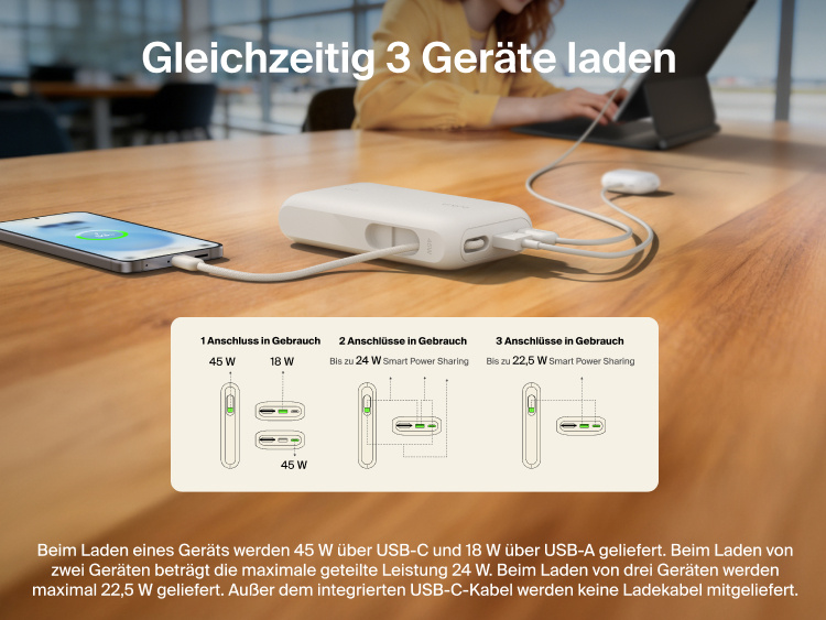 Belkin UltraCharge 10K power bank with integrated USB-C cable and digital display charging up to three devices simultaneously with smart power sharing