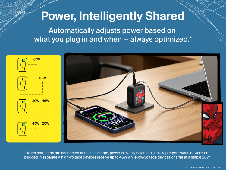 Belkin UltraCharge Retractable GaN Wall Charger 67W charging laptop and smartphone simultaneously with built-in retractable USB-C cable and intelligent dual-port power distribution.