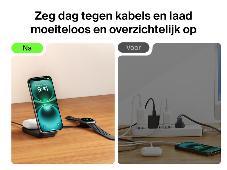 De Belkin UltraCharge 2-in-1 uitklapbare magnetische lader met Qi2 25W biedt een stijlvolle oplossing om een iPhone, AirPods en een Apple Watch draadloos op te laden zonder rommelige snoeren.