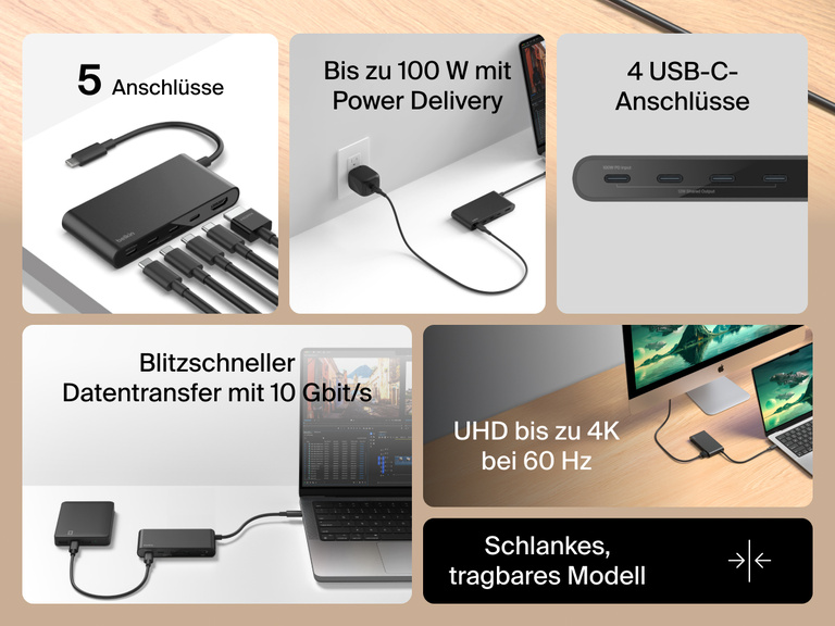 Belkin Connect 5-Port USB-C Hub with 4K HDMI offers 100W power delivery, 10Gbps data transfer, and slim portable design.