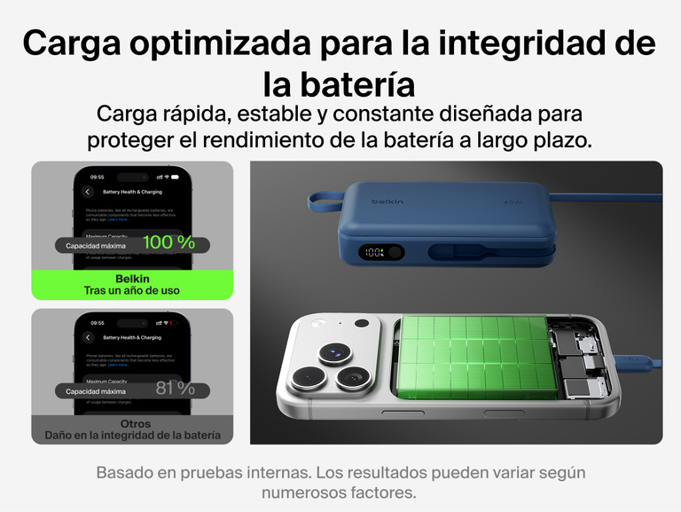Belkin UltraCharge 20K 45W power bank with integrated cable designed for optimized charging that supports battery health and long-term device performance