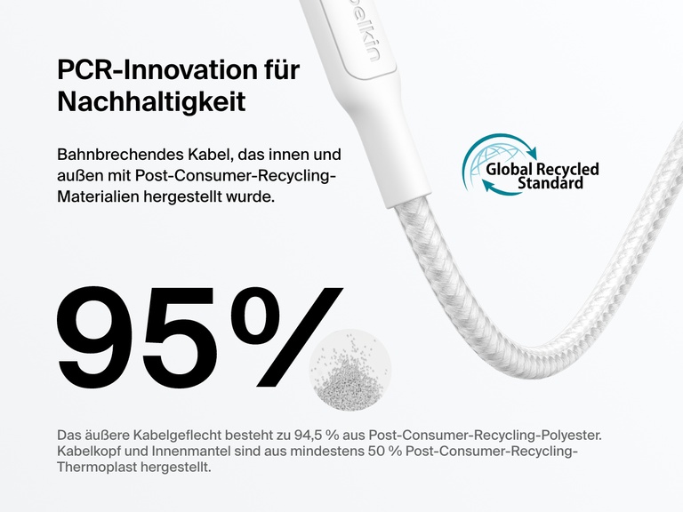Belkin BoostCharge Pro USB-C to USB-C Braided Cable 240W shown with sustainability callouts highlighting 95% recycled materials and Global Recycled Standard certification.
