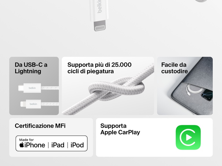 Il cavo USB-C con connettore Lightning Belkin BoostCharge vanta un resistente design intrecciato e tascabile, con resistenza a più di 25.000 cicli di piegatura, la certificazione MFi e il supporto di Apple CarPlay, per iPhone, iPad e iPod.