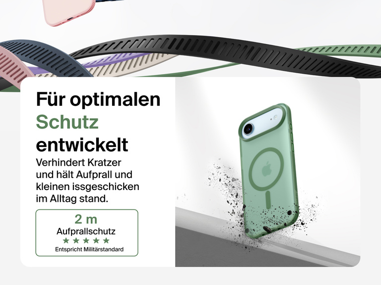 Belkin SheerForce Grip Series Case for iPhone 17 shown with textured grip and impact protection against drops.