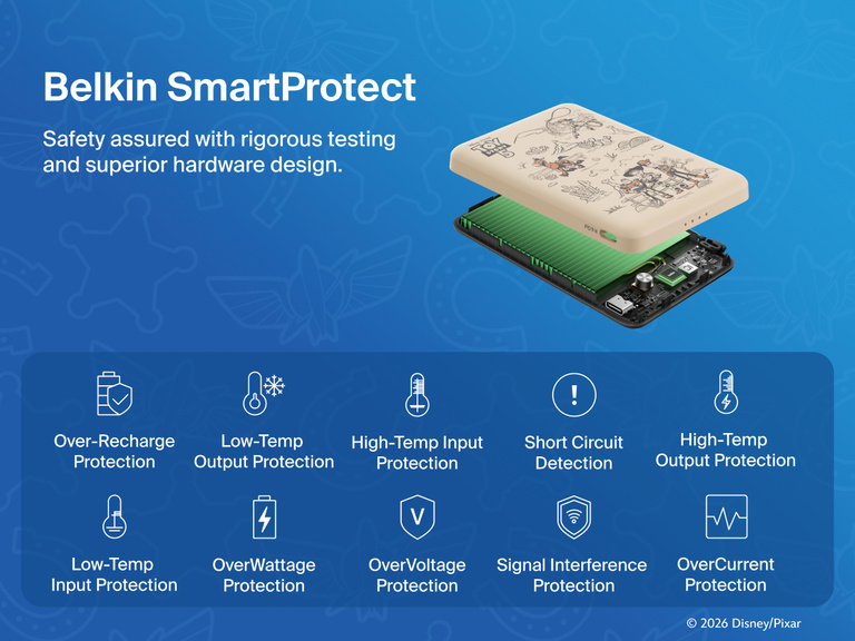 Belkin BoostCharge Slim Magnetic Power Bank 5K shown with internal components highlighting Belkin SmartProtect technology for safety features like overcharge, overcurrent, and temperature protection.