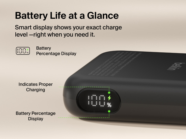 Close-up of Belkin UltraCharge Pro Power Bank 10K with magnetic ring showing a smart battery percentage display that indicates exact charge level and proper charging status.