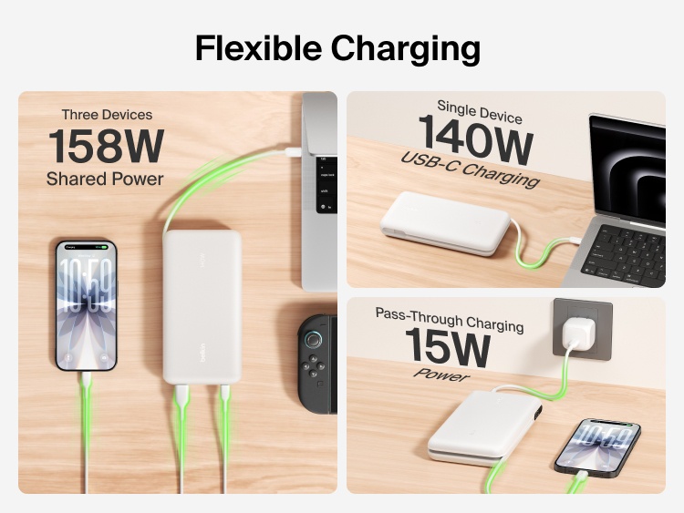 Belkin UltraCharge Pro Laptop Power Bank 25K demonstrating flexible charging with up to 158W shared output, 140W single-device USB-C charging, and pass-through charging capability