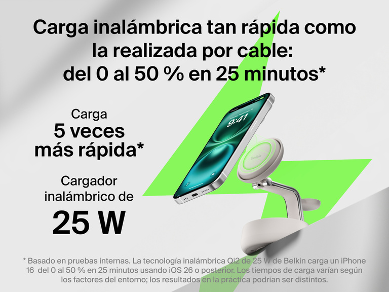 La estación magnética de carga 3 en 1 con Qi2 25W Belkin UltraCharge Pro proporciona una carga inalámbrica tan rápida como la realizada por cable, recargando un iPhone del 0 al 50 % en 25 minutos.