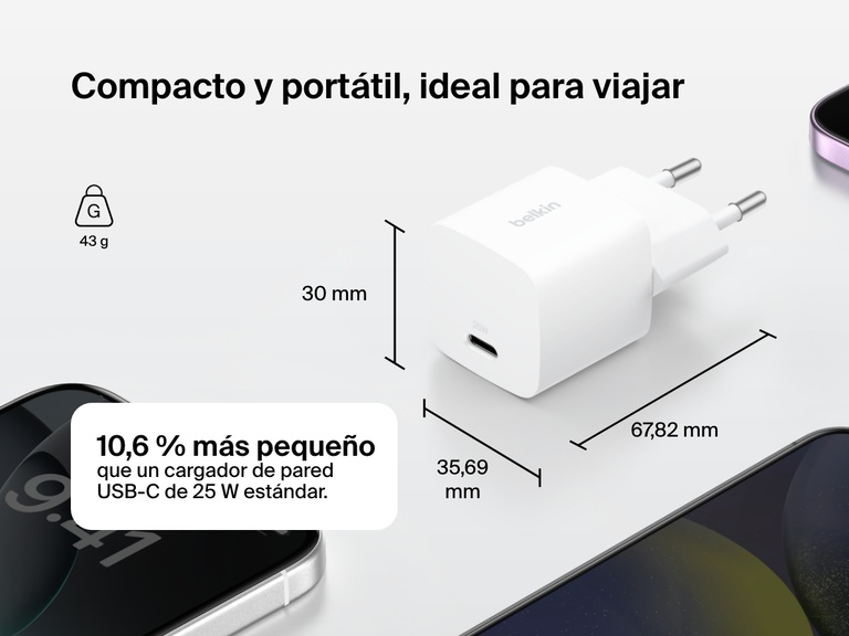 Belkin BoostCharge USB-C Wall Charger 25W shown with foldable prongs, compact dimensions, and 48% smaller size compared to standard 25W USB-C chargers for enhanced portability.