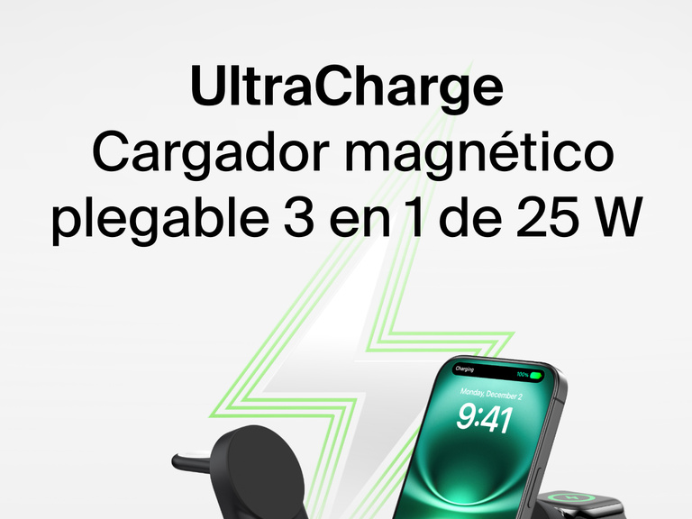 Se muestra el cargador magnético plegable 3 en 1 con Qi2 25W Belkin UltraCharge cargando un iPhone junto al gráfico de un rayo de color verde en el fondo.
