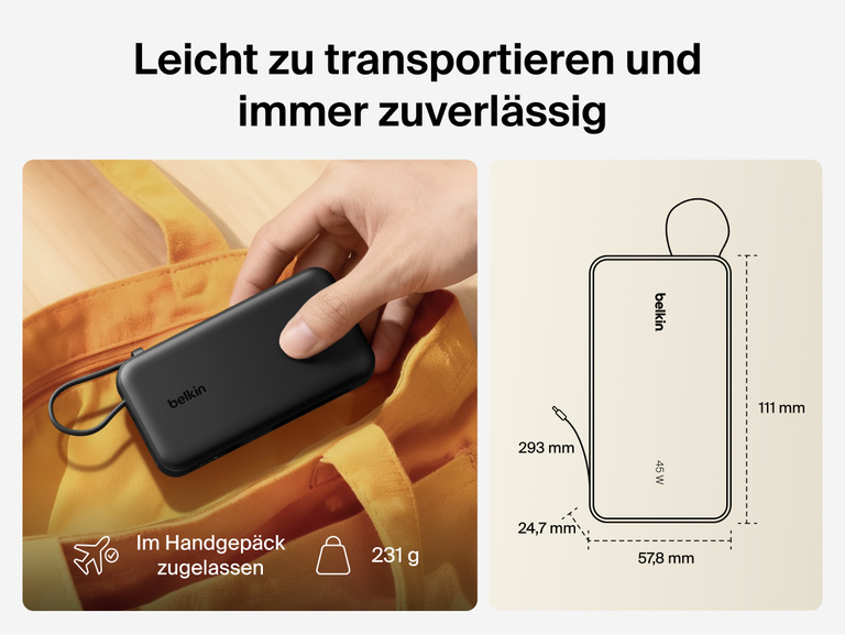 Belkin UltraCharge 10K power bank with integrated USB-C cable and digital display shown as a lightweight, TSA carry-on approved portable charger for everyday travel