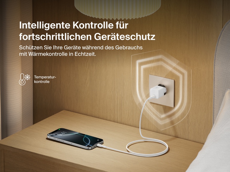 Belkin BoostCharge USB-C Wall Charger 25W plugged into a bedside outlet, showcasing real-time temperature monitoring for advanced device protection and safe charging.