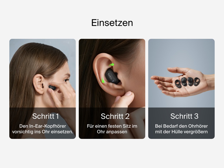 Belkin SoundForm Anywhere Wireless Earbuds with step-by-step guide showing how to wear and adjust for a secure, comfortable fit using size-up sleeves if needed.
