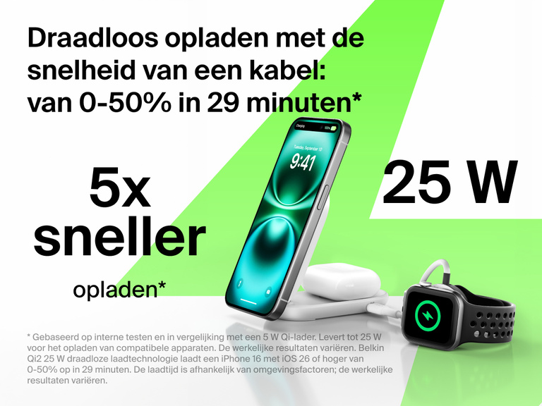 De Belkin UltraCharge 2-in-1 uitklapbare magnetische lader met Qi2 25W laadt een iPhone, AirPods en een Apple Watch tot 50% op in 29 minuten met vijf keer snellere draadloze prestaties.