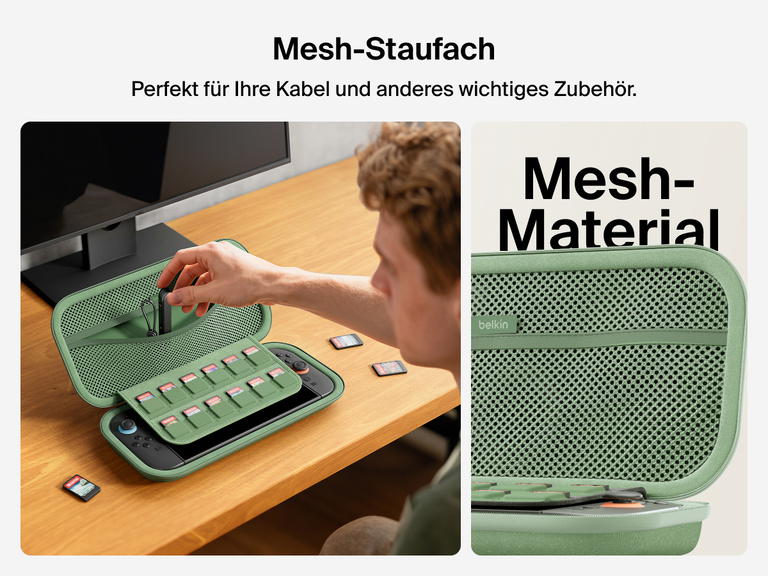 User opens the Belkin Gaming Travel Case for Nintendo Switch 2 to access the mesh utility pocket, ideal for organizing cables and small accessories alongside a 12-slot game card sleeve.