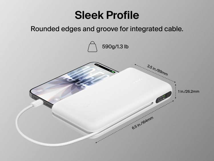 Belkin UltraCharge Pro Laptop Power Bank 25K with slim, rounded design and integrated cable, compact 25,000 mAh portable charger with digital display