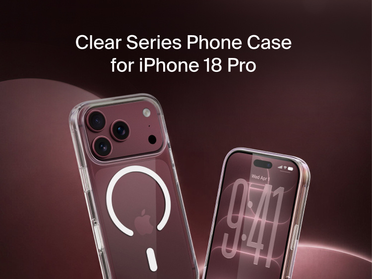 Belkin Clear Series Case for iPhone 18 Pro shown from front and back with MagSafe-compatible magnetic ring and protective clear design.