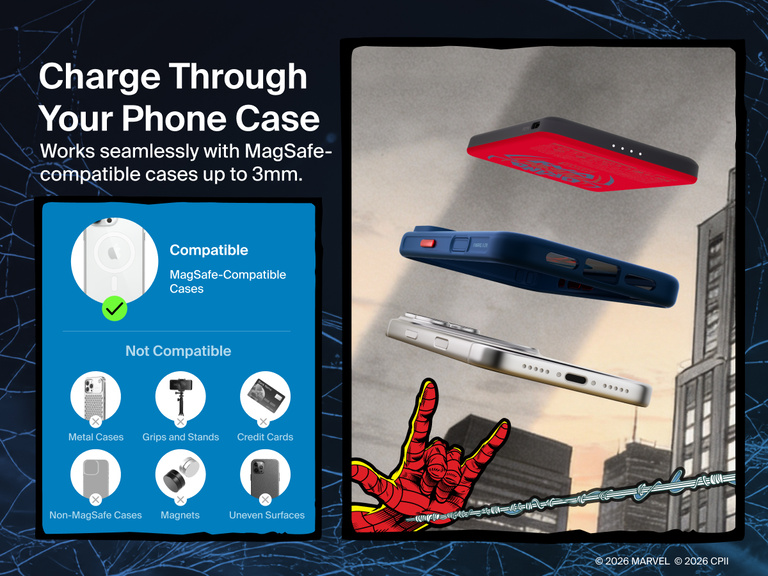 Belkin BoostCharge Slim Magnetic Power Bank 5K shown aligning with a smartphone and MagSafe-compatible case, demonstrating wireless charging through cases up to 3mm thick.
