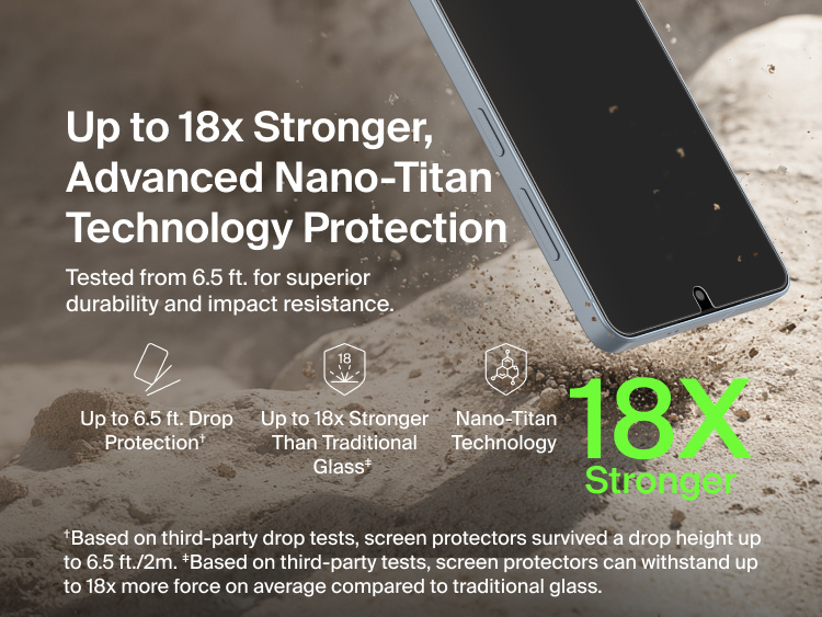 Belkin ScreenForce Titan SmartShield Anti-Reflective Screen Protector for Samsung Galaxy S26 showcasing advanced Nano-Titan technology with up to 18x stronger protection than traditional glass and tested drop resistance up to 6.5 feet.