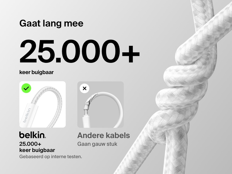 De Belkin BoostCharge 240 W USB-C naar USB-C-kabel heeft een duurzaam gevlochten ontwerp, is bestand tegen meer dan 25.000 keer buigen en presteert daarmee beter dan standaardkabels voor een langdurigere betrouwbare werking.