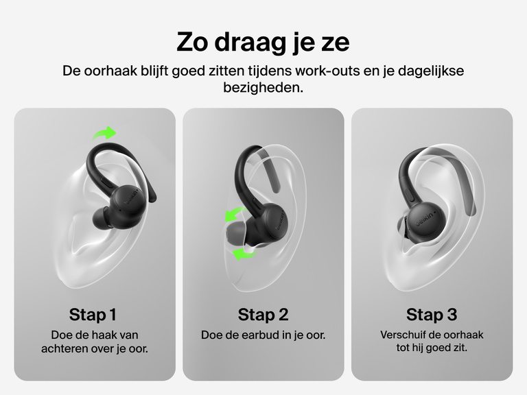 Belkin SoundForm ActiveFit Wireless Earbuds with physical button and smart touch controls for volume, playback, calls, EQ presets, and multipoint pairing.