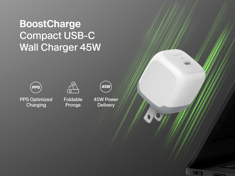 Belkin BoostCharge Compact USB-C Wall Charger 45W with PPS optimized charging, foldable prongs, and USB-C Power Delivery for fast, efficient charging.
