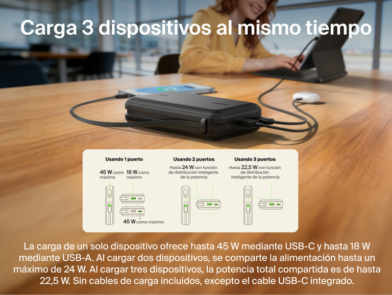 Belkin UltraCharge 20K 45W power bank with integrated USB-C cable charging multiple devices simultaneously with smart power sharing and multi-port connectivity
