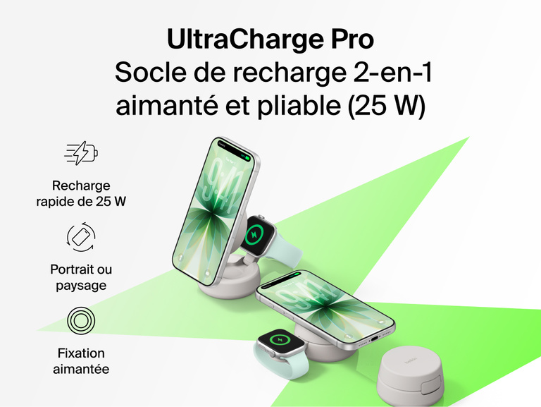 Image du socle de recharge 2-en-1 Belkin UltraCharge&nbsp;Pro aimant&eacute; et pliable avec Qi2 25&nbsp;W offrant une recharge sans fil rapide pour un smartphone et une montre connect&eacute;e, et dot&eacute; de la fonction d'alignement magn&eacute;tique s&eacute;curis&eacute;, en mode portrait ou paysage.