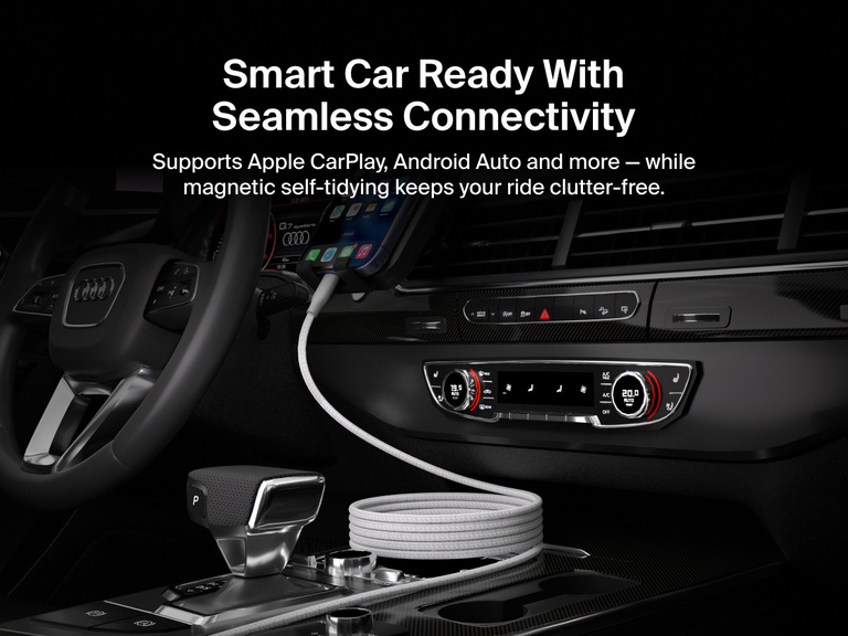 Belkin BoostCharge Pro Magnetic USB-C Cable 240W used in a car for Apple CarPlay and Android Auto, with magnetic self-coiling design keeping the vehicle interior tidy.
