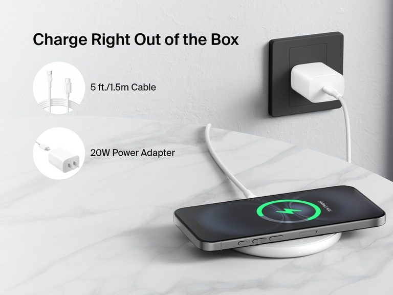 A white Belkin BoostCharge Wireless Charging Pad 15W is shown on a marble surface charging a smartphone, with text highlighting that it includes a 5 ft. (1.5m) cable and a 20W power adapter for easy setup right out of the box.
