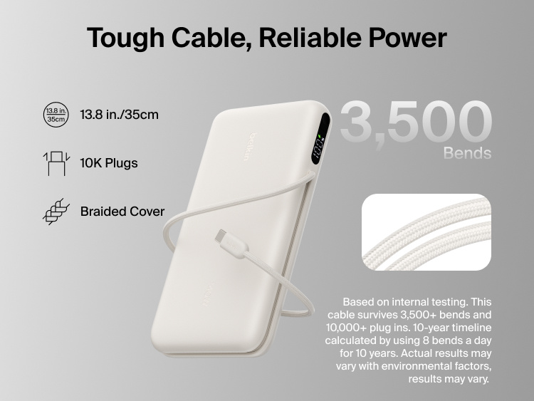 Belkin UltraCharge Pro Laptop Power Bank 25K with durable braided USB-C cable, designed for 3,500 bends and 10,000 plug-ins, delivering reliable high-power charging