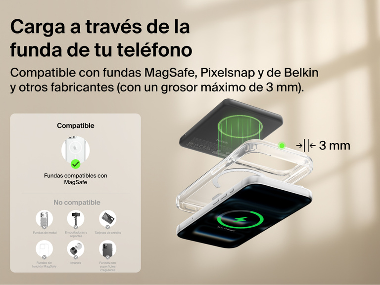 Belkin BoostCharge Slim Magnetic Power Bank 5K with Qi2 wirelessly charging a smartphone through a MagSafe-compatible case up to 3 mm thick for convenient everyday use.