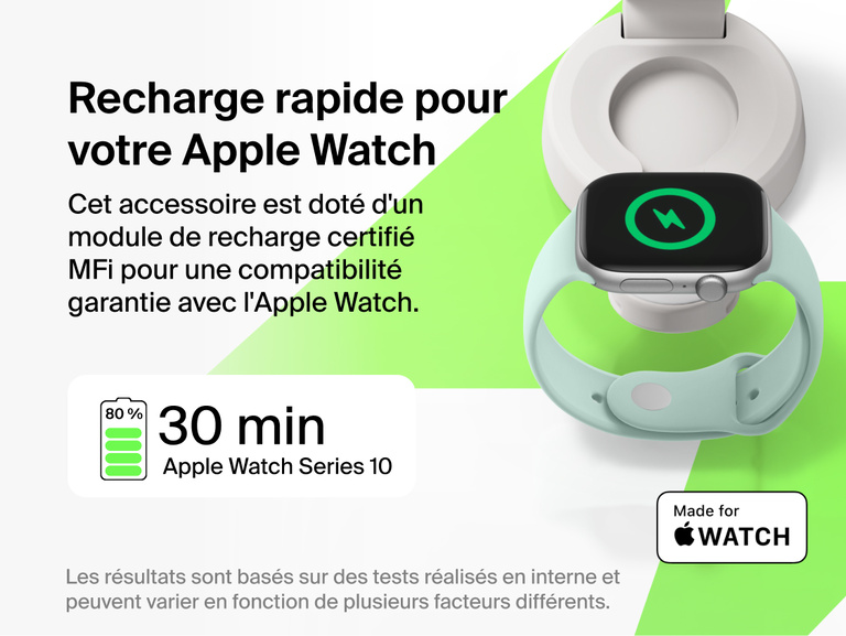 Image du socle de recharge 2-en-1 Belkin UltraCharge&nbsp;Pro aimant&eacute; et pliable avec Qi2 25&nbsp;W dot&eacute; d'un module de recharge pour Apple&nbsp;Watch certifi&eacute; MFi, et offrant une recharge de z&eacute;ro &agrave; 80&nbsp;% en 30&nbsp;minutes sur les mod&egrave;les compatibles.