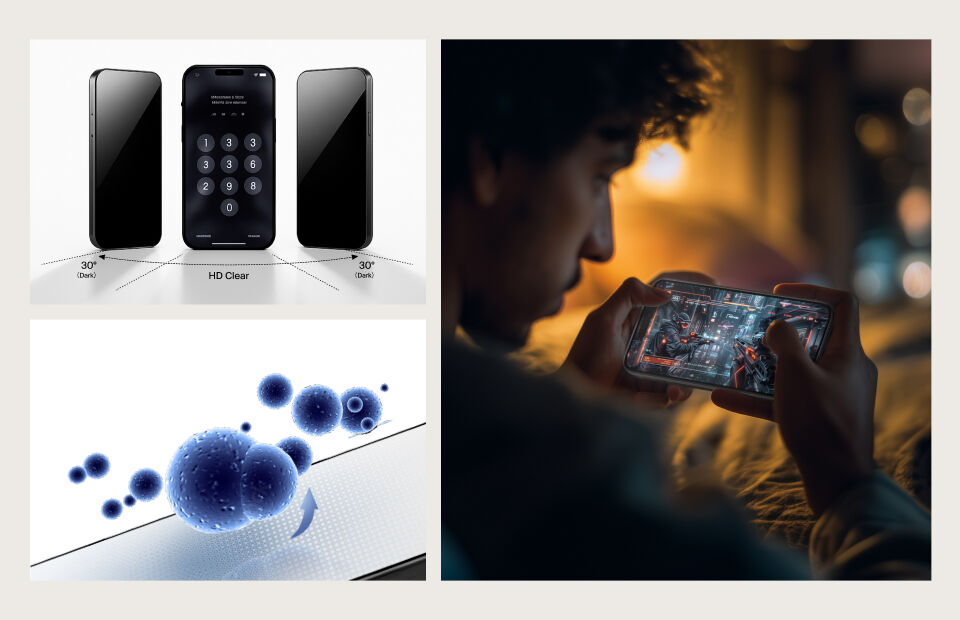 사생활 보호 강화유리의 효과, 항균 보호, 게임 활용을 보여주는 콜라주입니다. 왼쪽 위: 휴대폰 디스플레이는 정면에서 볼 때만 보이며, 30° 각도에서는 어두워집니다. 왼쪽 아래: 파란색 항균 분자가 휴대폰 화면 표면을 지킵니다. 오른쪽: 조명이 밝지 않은 방에서 스마트폰으로 비디오 게임을 하는 사람입니다.