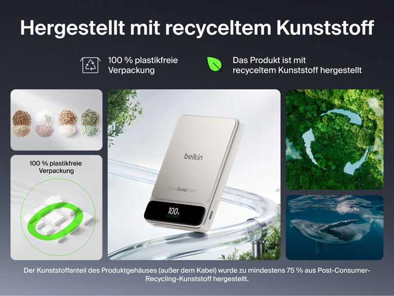 Es wird die Belkin UltraCharge Pro Powerbank 10K mit BoostSolid-Zelle gezeigt und das Geh&auml;use aus recyceltem Kunststoff sowie die 100 % plastikfreie Verpackung hervorgehoben.