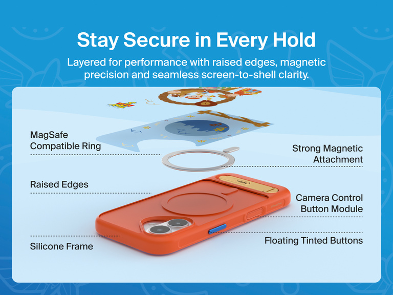 Belkin SheerForce Toy Story 5 Magnetic Protective Case with Kickstand for iPhone highlighting MagSafe compatibility, raised edges, magnetic attachment, and protective design.