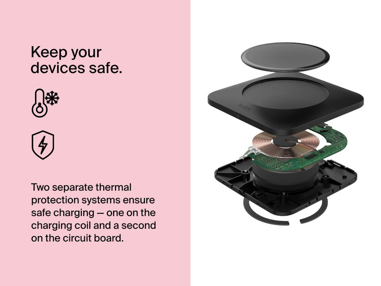 An exploded view of the Belkin BoostCharge Universal Easy Align Wireless Charging Pad 15W illustrates two thermal protection systems—one on the charging coil and another on the circuit board—to ensure device safety during charging.