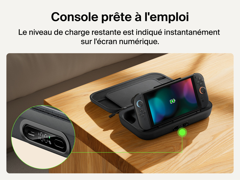 Belkin Gaming Charging Case Pro for Nintendo Switch 2 shown with built-in digital battery display and charging dock for quick power status at a glance.