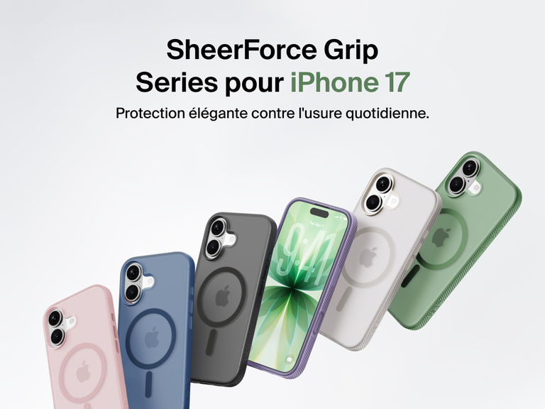 Belkin SheerForce Grip Series protective case for iPhone 17 shown in pink, clear, and black with slim design and MagSafe compatibility.