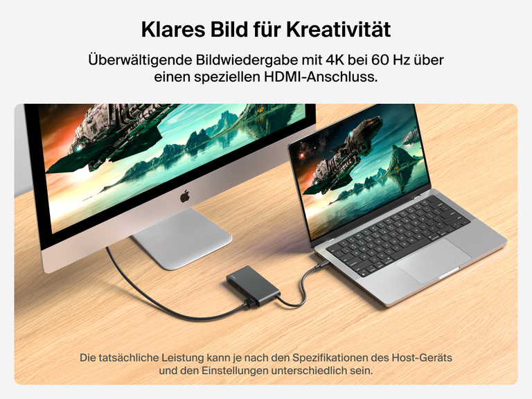 Belkin Connect 5-Port USB-C Hub with 4K HDMI delivers stunning 4K@60Hz visuals from a MacBook to an external monitor.